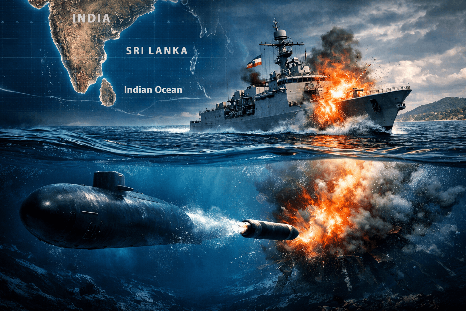 Iranian warship IRIS Dena in the Indian Ocean before submarine attack