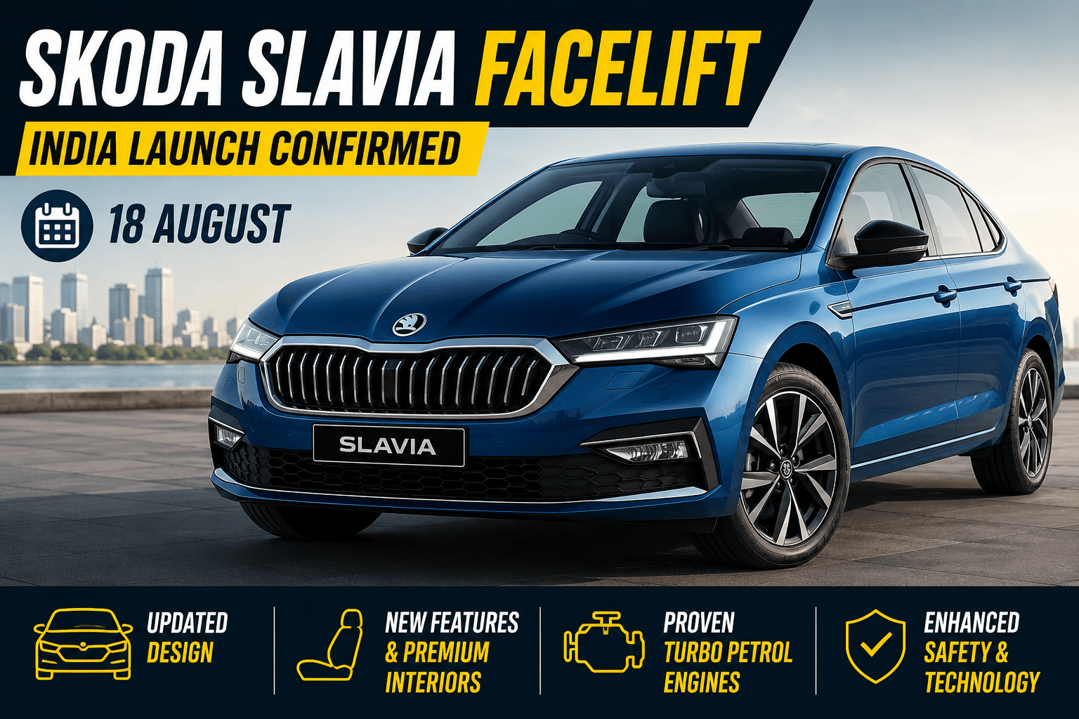 2026 Skoda Slavia Facelift front three-quarter view with revised grille and LED headlights ahead of India launch
