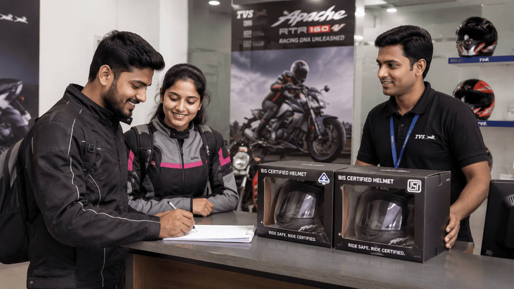 Dealer handing over two BIS-certified helmets with a new two-wheeler purchase under India's Jan 2026 two-helmet rule.