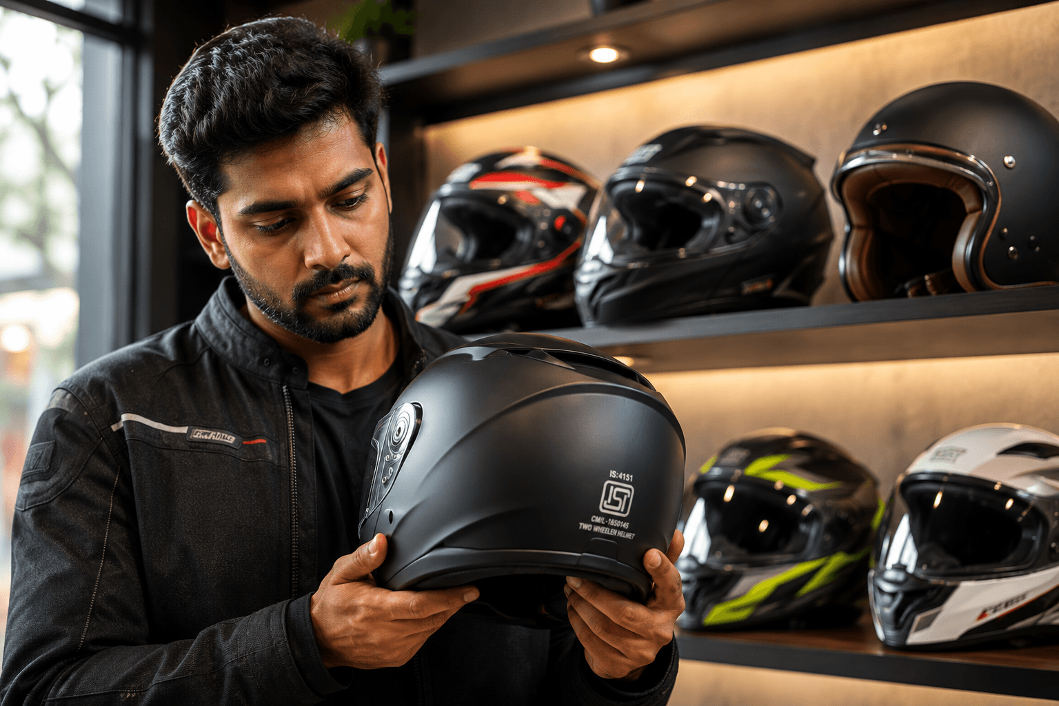 Rider trying on a full-face ISI-certified helmet at a helmet retail store in India, close-up on the ISI mark on the strap